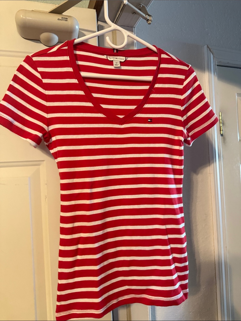 Tommy Hilfiger Red and White Striped V-Neck Short Sleeve Tee